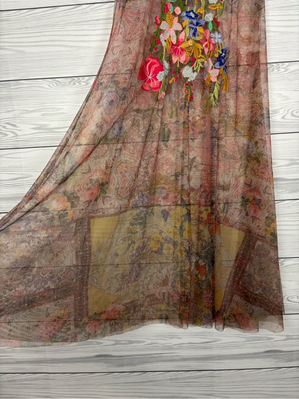 Johnny Was Sheer Floral Embroidered Dress in Pink, Blue, Green - Picture 5 of 10